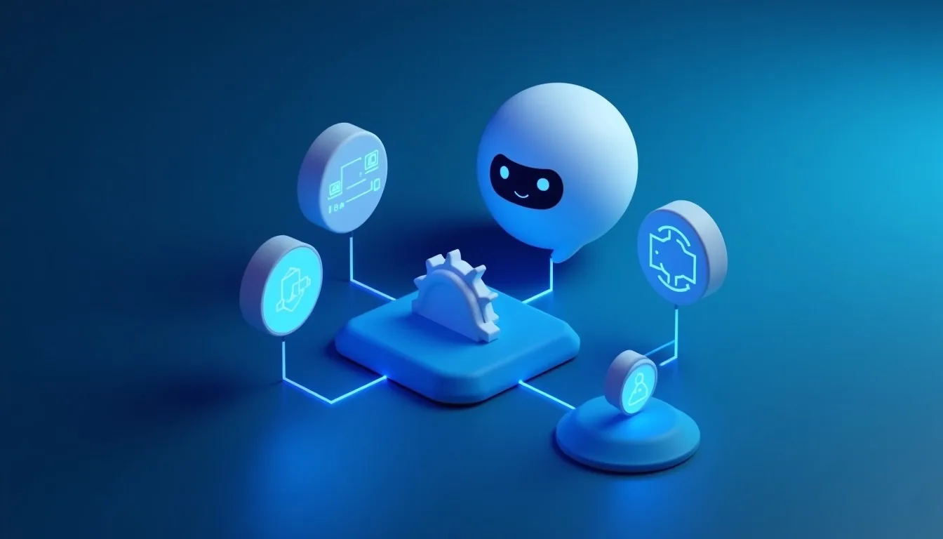 Illustration of a community with chat bubbles and a robot