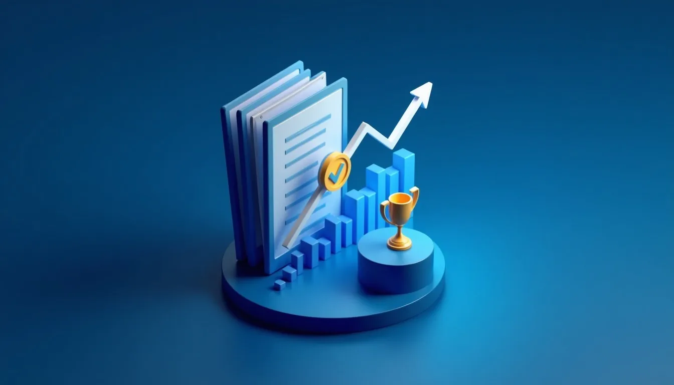 Illustration of results: case folders, a chart and a trophy