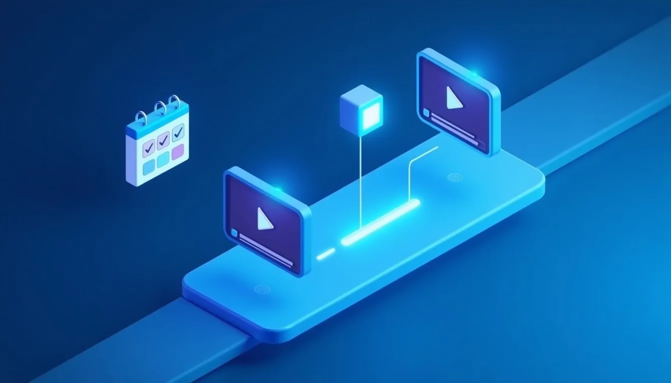 Ilustração de um fluxo automático de conteúdos: vídeos, calendário e servidor ligados por luz azul