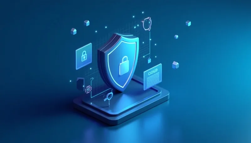Illustration of website security: shield, padlock and browser window