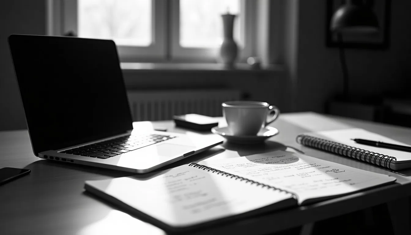Work desk with a laptop and a notebook of handwritten plans