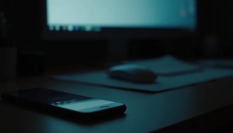 Telemóvel com uma notificação em cima da secretária, à noite