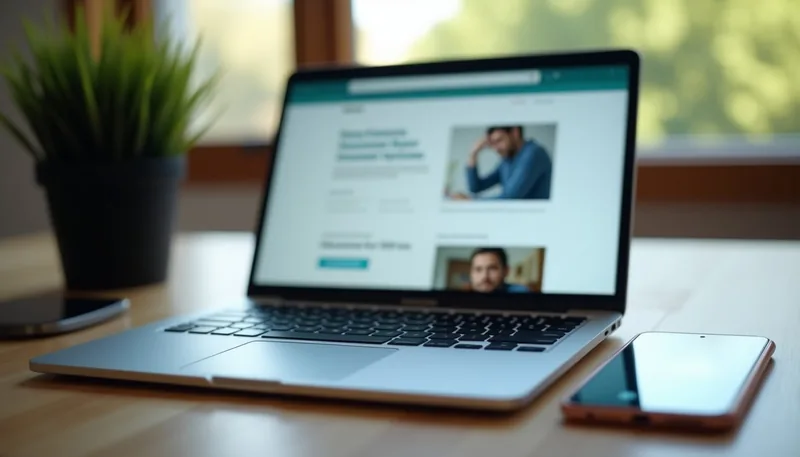 Portátil e telemóvel lado a lado com um site aberto