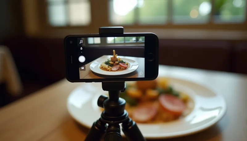 Telemóvel num tripé a filmar um prato num restaurante